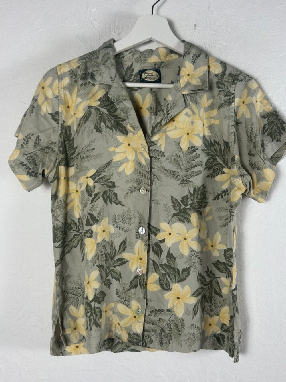 Tommy Bahama Womens Yellow Floral Silk Button-Up Camp Shirt Small Short Sleeve
